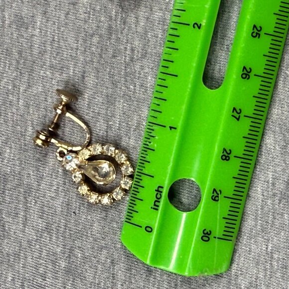 Vintage Gold-Tone Screw Back Clip-On Earrings Clear Rhinestones Teardrop Accent - Picture 12 of 16